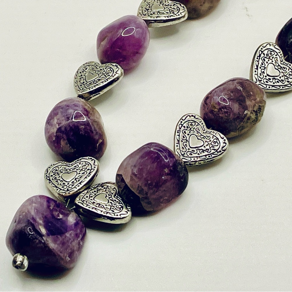 Amethyst Purple stones silver heart Necklace - Picture 5 of 6